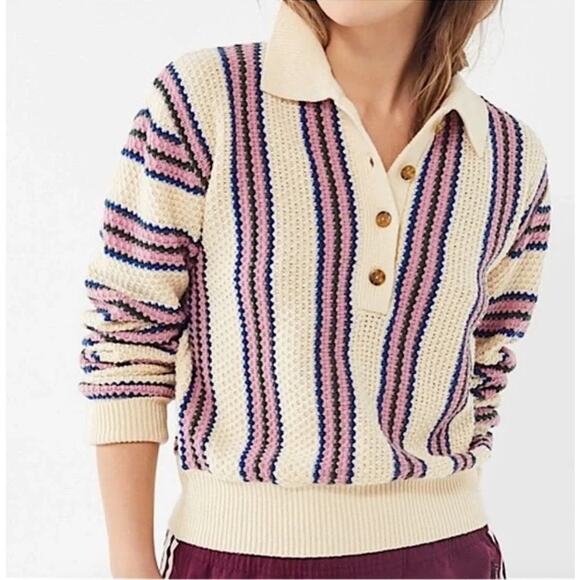 Urban Outfitters Ricky Waffle Knit Long Sleeve Polo Shirt Sweater Medium - Picture 2 of 8